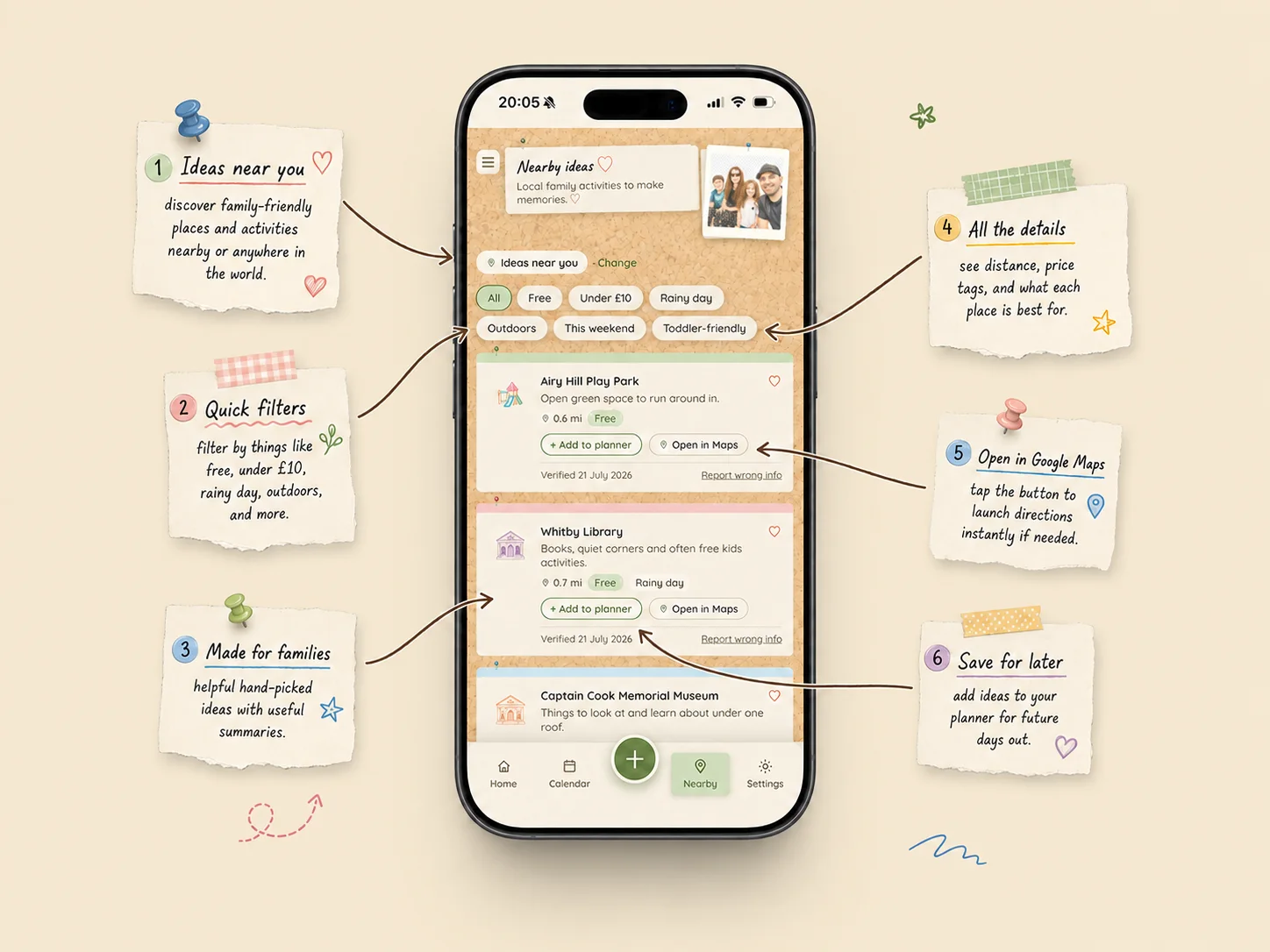 Nearby ideas: family-friendly places and activities with quick filters, distances, price tags and open-in-maps — with callouts explaining each.